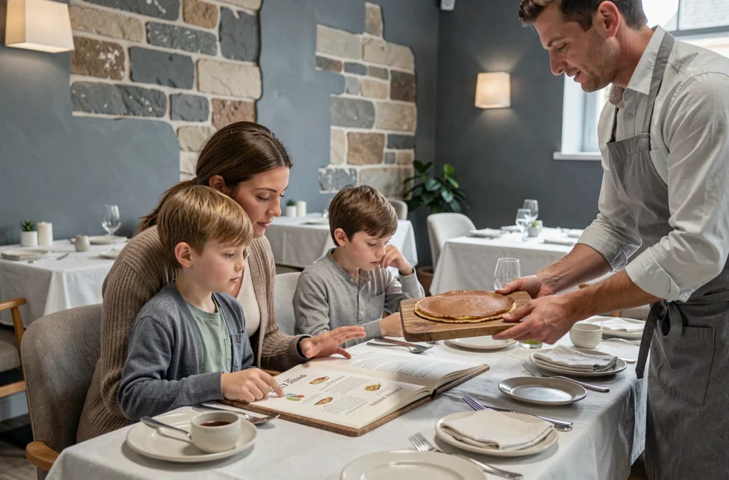 Mère et enfants au Comptoir Breizh Café à Saint-Malo dans un cadre contemporain élégant avec galettes gastronomiques