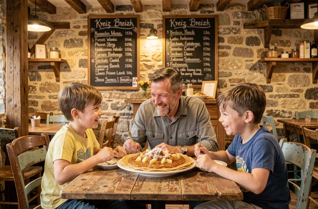Père et deux enfants savourant une crêpe au caramel beurre salé à la Crêperie Ahna en Kreiz Breizh