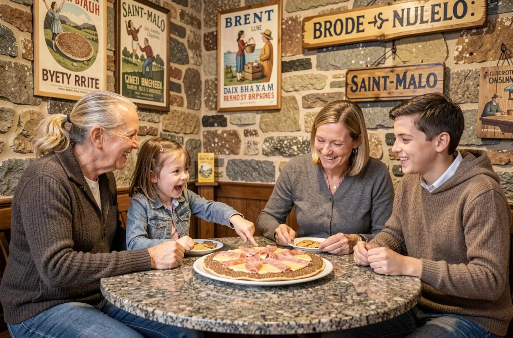 Famille dégustant des galettes bretonnes dans la salle en pierre de la Crêperie du Château à Saint-Malo