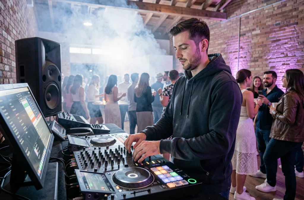 DJ électro derrière une console moderne avec synthétiseur lors d'un anniversaire en loft en Occitanie pour DeePhi Music
