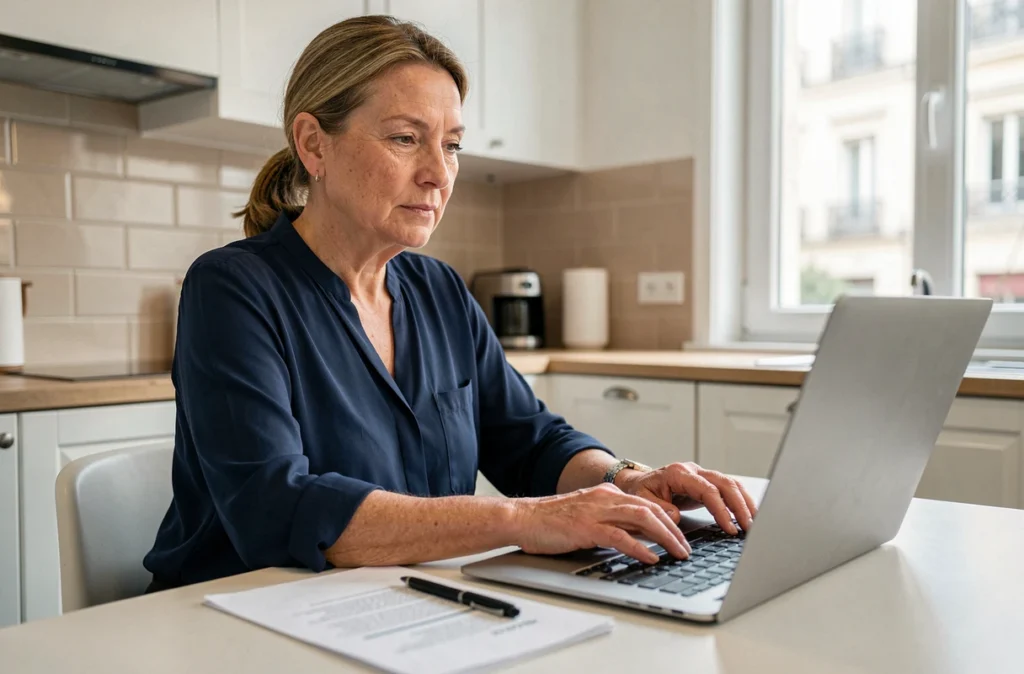 Femme effectuant une demande en ligne de copie d'acte de naissance depuis son domicile