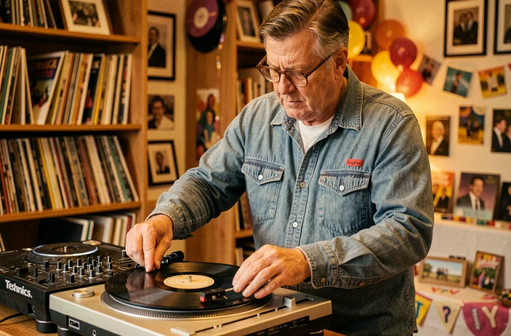 DJ manipulant un vinyle sur des platines rétro lors d'un anniversaire vintage pour DJ VINYL J&B's
