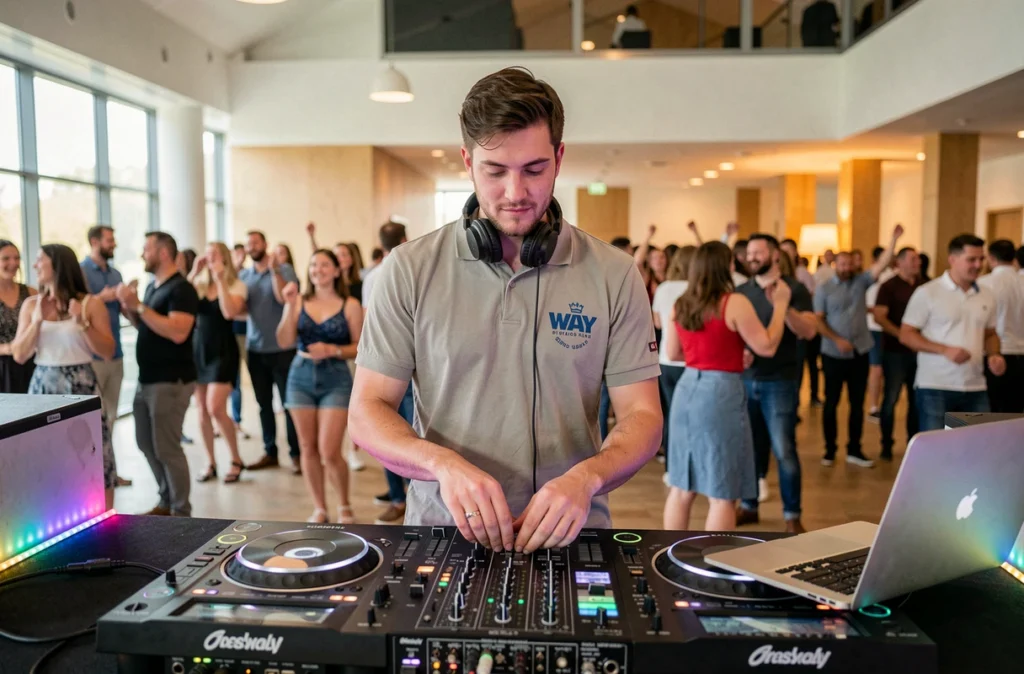 DJ derrière sa console avec casque et ordinateur lors d'un anniversaire dans une salle de fête au nord de Toulouse pour DJON