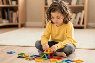 Petite fille jouant avec des tuiles magnétiques colorées sur le sol d'un salon familial