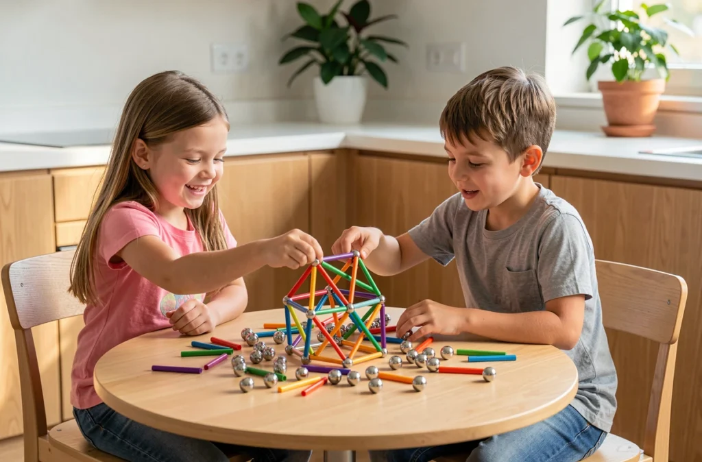 Deux enfants construisant ensemble une structure 3D avec des tiges et billes magnétiques sur une table de cuisine