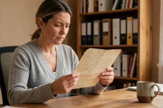 Femme examinant un acte de naissance ancien et illisible à son bureau à domicile