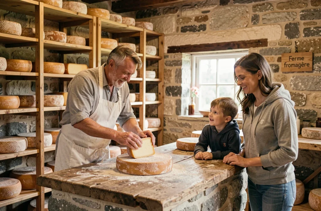 Famille découvrant la fabrication du fromage avec un fromager dans la ferme fromagère de Rhuys dans le Morbihan