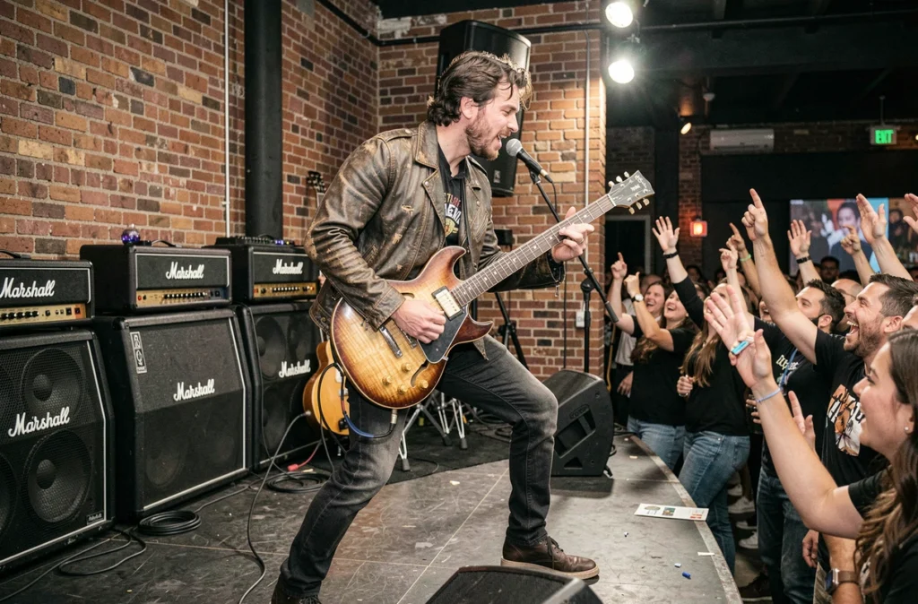 Guitariste en veste en cuir jouant du rock sur scène lors d'un anniversaire festif en intérieur pour FUZZ