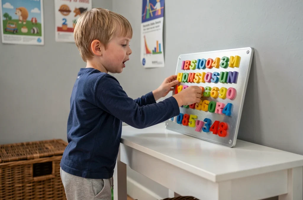 Garçon assemblant des lettres magnétiques sur un tableau métallique dans une salle de jeux