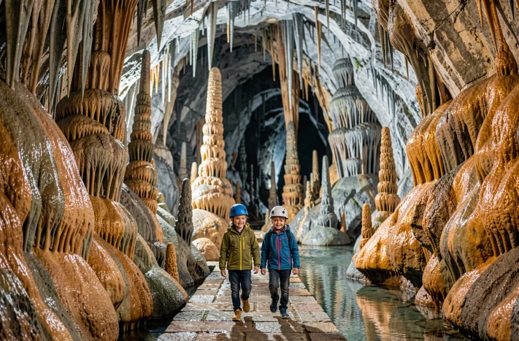 Une famille explorant les grottes souterraines de Bétharram avec stalactites et rivière souterraine dans les Pyrénées-Atlantiques