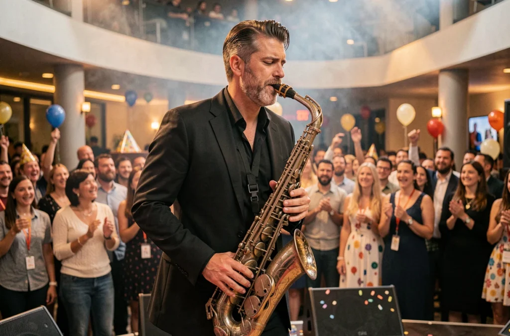 Saxophoniste en blazer noir jouant sur scène lors d'un anniversaire festif à Toulouse pour HOT SAX