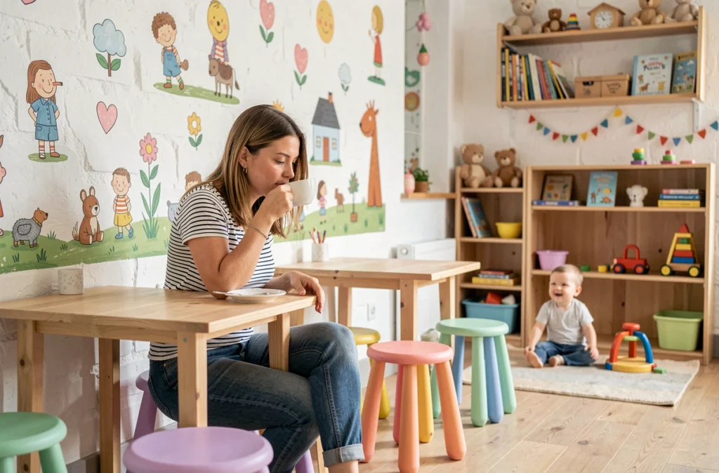 Intérieur coloré du café Kafe Kanggui dans le Finistère avec coin jeux pour enfants et décor illustré joyeux