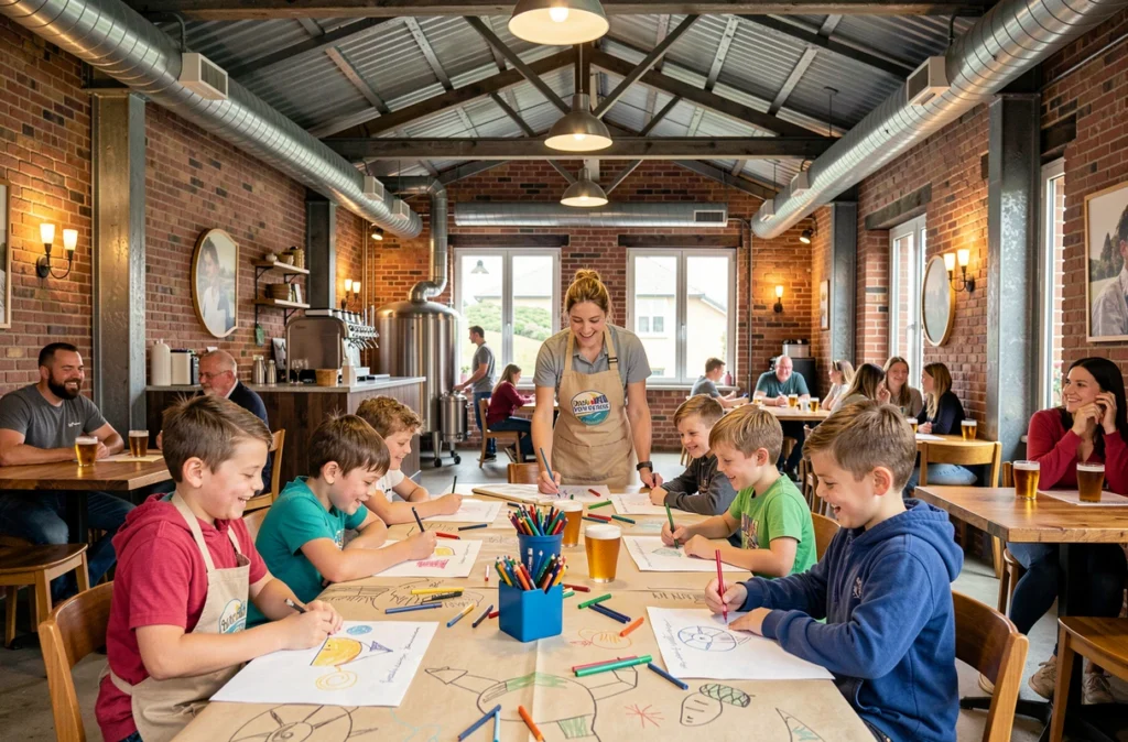 Animation pour enfants dans la salle familiale des 3 Brasseurs en Finistère, enfants dessinant autour d'une grande table