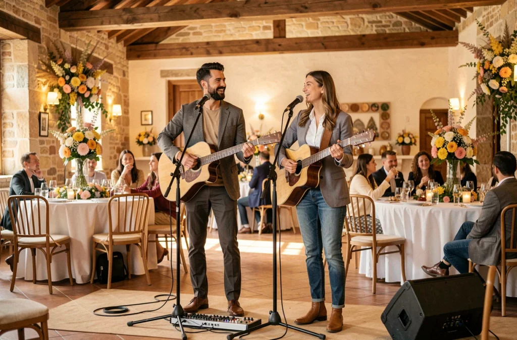 Duo musical homme et femme jouant guitare et chant lors d'un anniversaire en salle en Occitanie pour MIX AND MATCH