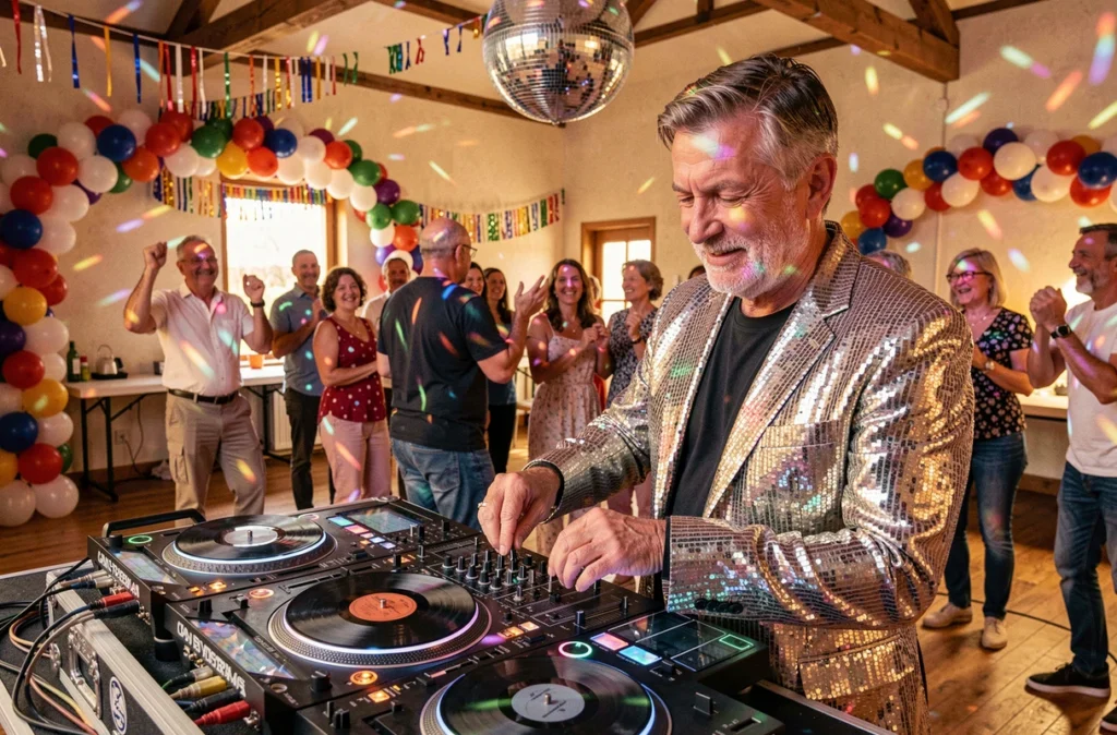 DJ en veste disco à sequins animant une disco-mobile lors d'un anniversaire dans une salle du Tarn-et-Garonne pour Oxygene82