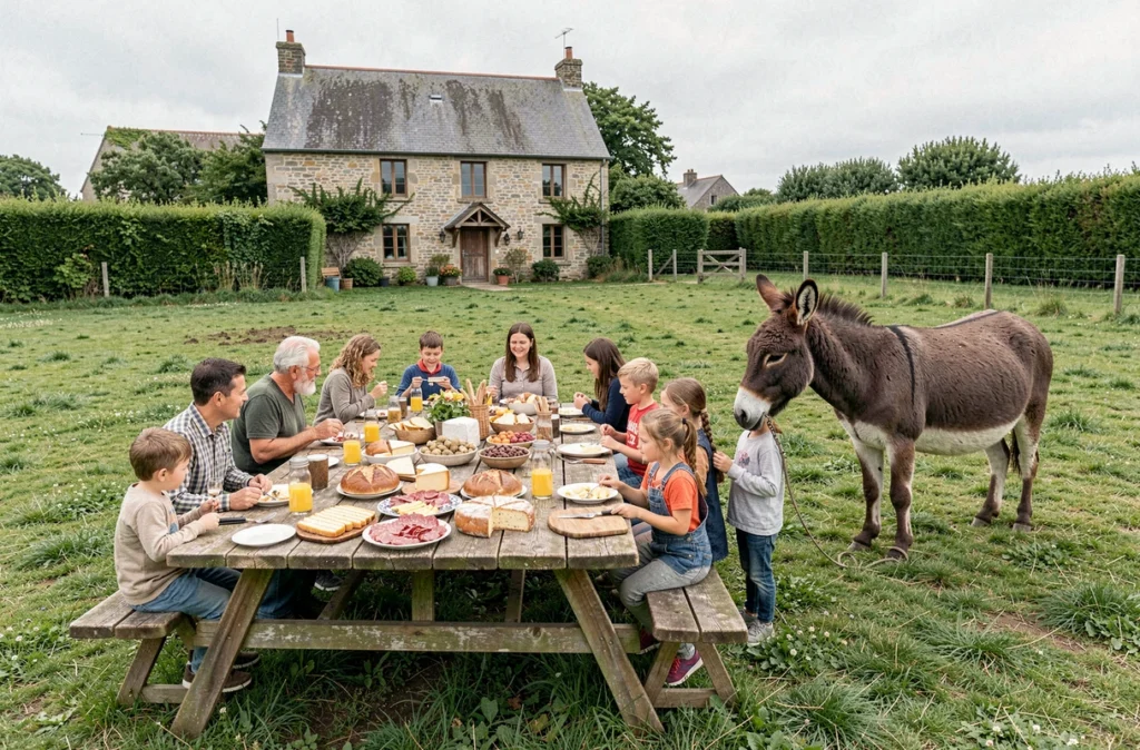 Repas champêtre en plein air à la ferme d'Andel dans les Côtes-d'Armor avec familles et enfants autour d'un buffet de produits fermiers