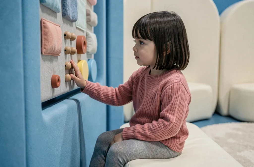 Fillette de 3 ans explorant un mur sensoriel dans une salle sensorielle apaisante d'un musée pour enfants à Paris