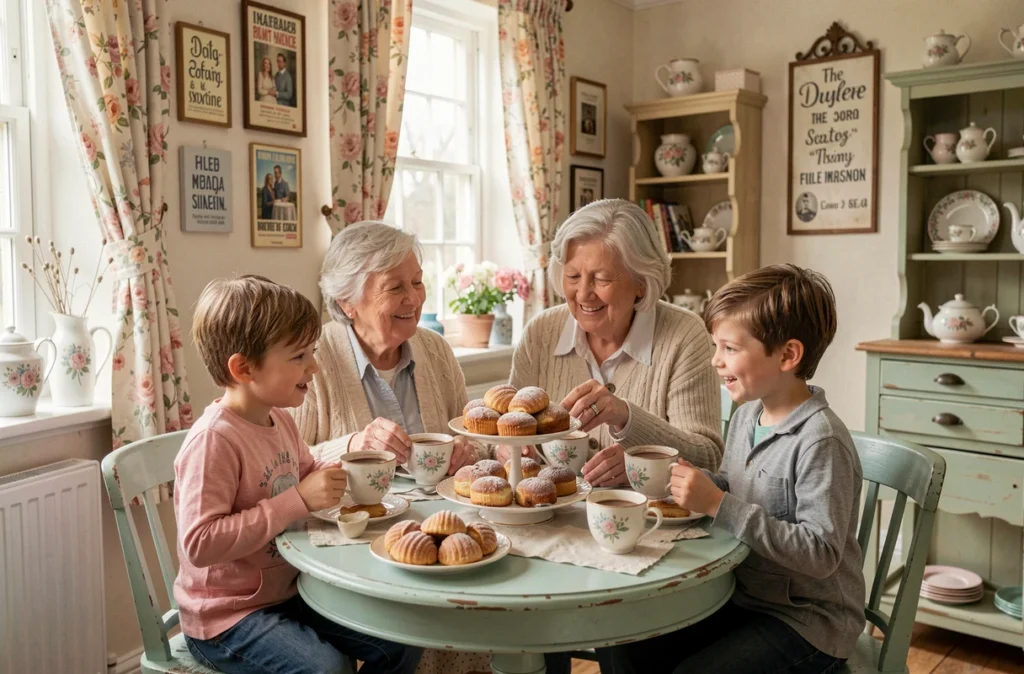 Grand-mère et petits-enfants au Ti Kafe, salon de thé familial en Ille-et-Vilaine, autour de pâtisseries maison et de chocolat chaud