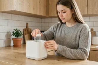 Jeune mère utilisant un chauffe biberon nomade rechargeable sur un comptoir de cuisine scandinave en bois clair