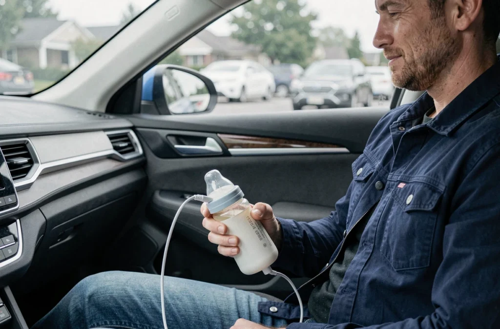 Père utilisant un chauffe biberon électrique branché dans une prise USB de voiture lors d'un déplacement en famille
